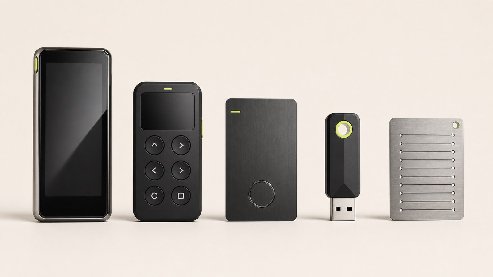 Collection of generic hardware-key device form factors and a metal backup plate.