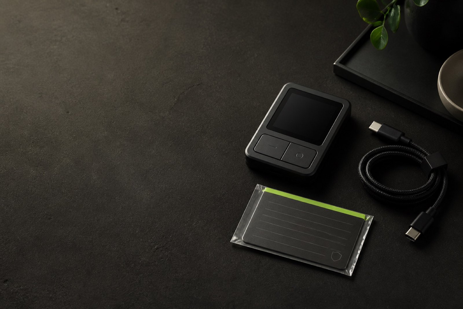 Unbranded hardware wallet device, recovery card and cable on a dark studio surface.